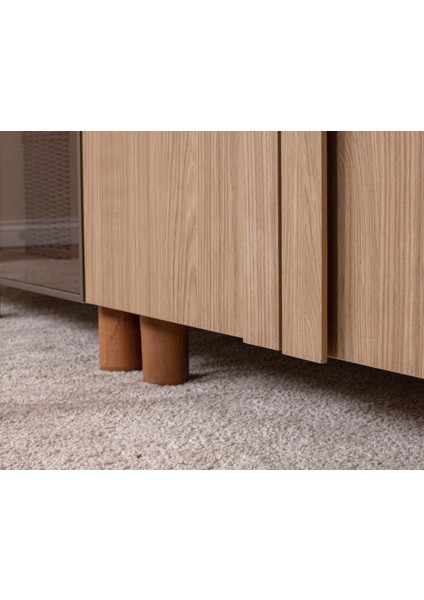 İtra 5 Kapaklı Gardırop – Krem Gövde, Meşe MDFLAM Camlı Kapak