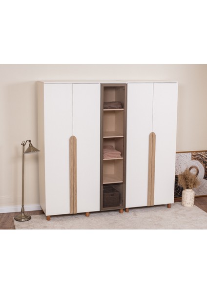 İtra 5 Kapaklı Gardırop – Krem Gövde, Krem MDFLAM Camlı Kapak