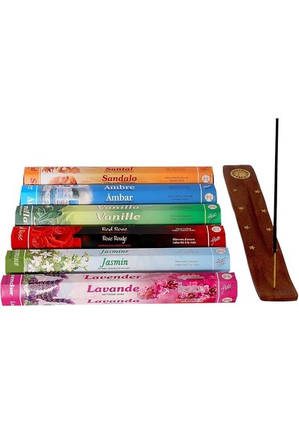 Çubuk Tütsü Seti, 6'lı Karma Set 6X20 (120 Çubuk), Ahşap Tütsü Kayığı, Tütsülük, Vanilya, Amber, Lavanta, Kırmızı Gül, Yasemin, Sandal