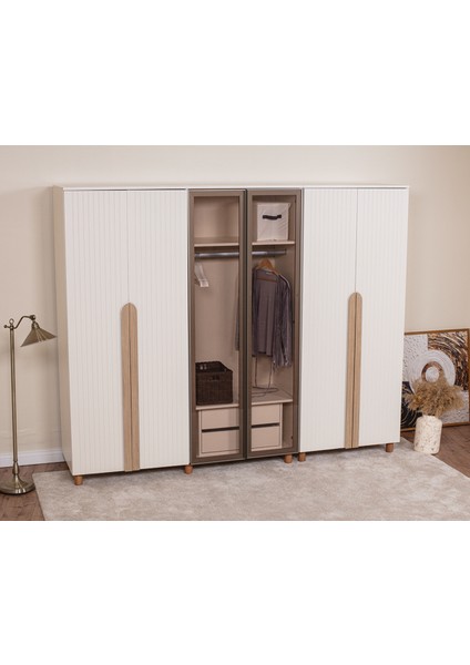 İtra 6 Kapaklı Gardırop – Krem Gövde, Krem Lake Camlı Kapak