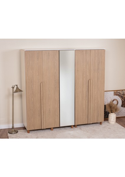 İtra 5 Kapaklı Gardırop – Krem Gövde, Meşe MDFLAM Aynalı Kapak