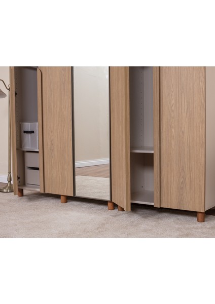 İtra 5 Kapaklı Gardırop – Krem Gövde, Meşe MDFLAM Aynalı Kapak fırsatları