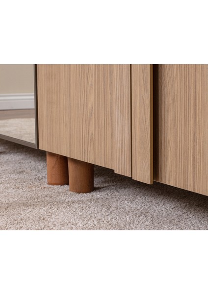 İtra 5 Kapaklı Gardırop – Krem Gövde, Meşe MDFLAM Aynalı Kapak