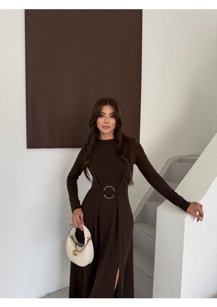 Buketli Kadın Bisiklet Yaka Çift Yırtmaçlı Halka Toka Detaylı Uzun Kollu Uzun Elbise fiyatları