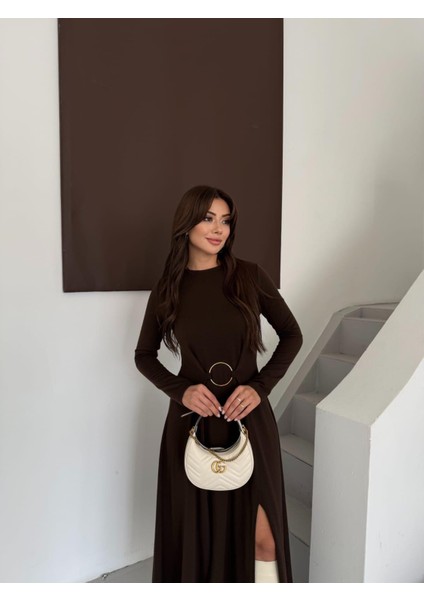 Buketli Kadın Bisiklet Yaka Çift Yırtmaçlı Halka Toka Detaylı Uzun Kollu Uzun Elbise modelleri