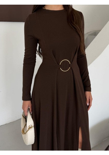 Buketli Kadın Bisiklet Yaka Çift Yırtmaçlı Halka Toka Detaylı Uzun Kollu Uzun Elbise fırsatları