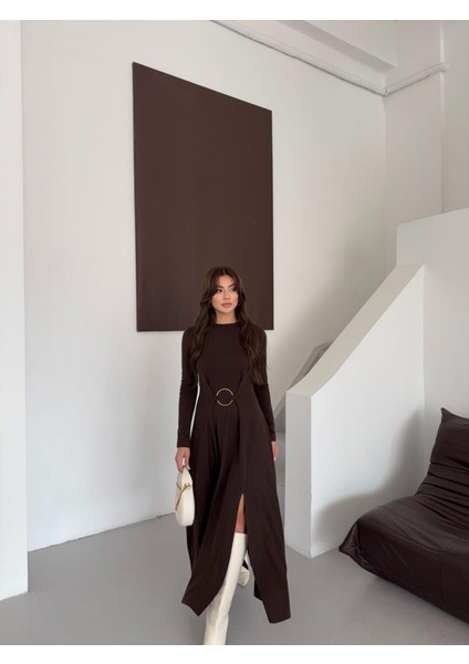 Buketli Kadın Bisiklet Yaka Çift Yırtmaçlı Halka Toka Detaylı Uzun Kollu Uzun Elbise indirimleri