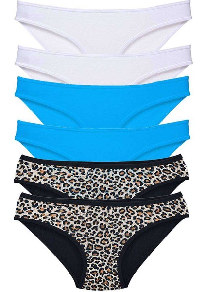 6 Adet Likralı Kadın Slip Külot Leopar Beyaz Mavi