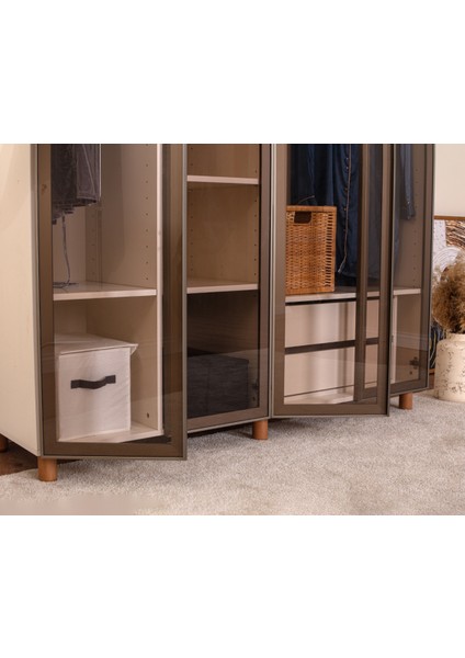 İtra 4 Kapaklı Gardırop – Krem Gövde, Camlı Kapak