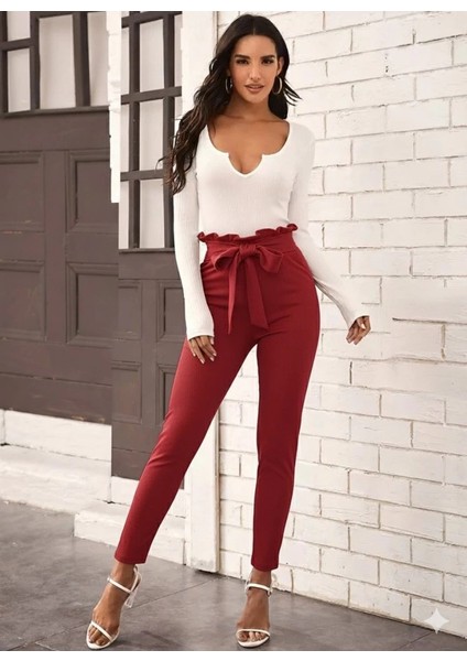 Mdb Kadın Yüksek Bel Beli Fırfırlı Önden Bağlamalı Ithal Krep Pantolon modelleri