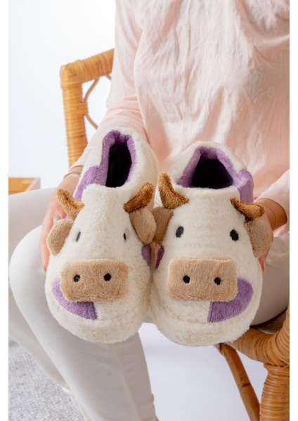 Kadın Öküz Figürlü Sessiz Taban Peluş Ev Terliği