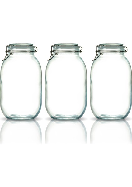 3'lü Korken Kavanoz 3000 ml Vakumlu Kilitli Cam Saklama Kavanozu