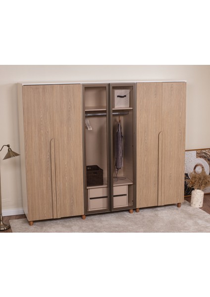 İtra 6 Kapaklı Gardırop – Krem Gövde, Meşe MDFLAM Camlı Kapak