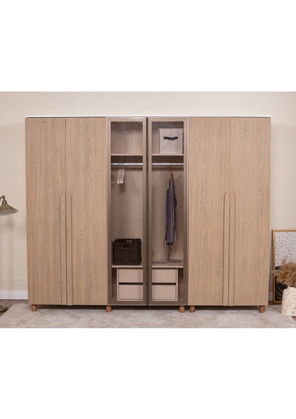 İtra 6 Kapaklı Gardırop – Krem Gövde, Meşe MDFLAM Camlı Kapak fiyatları