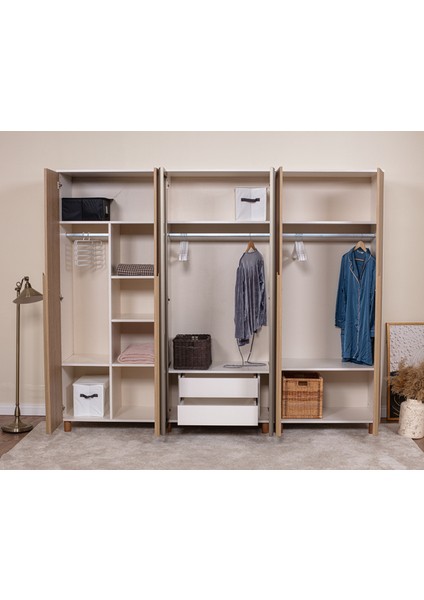 İtra 6 Kapaklı Gardırop – Krem Gövde, Meşe MDFLAM Camlı Kapak modelleri