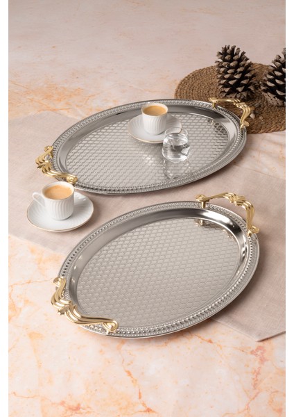 Metal Gold & Gümüş 2’li Oval Tepsi Seti – Zarif Desenli Servis ve Sunum Tepsisi, Kararmaz, Solmaz