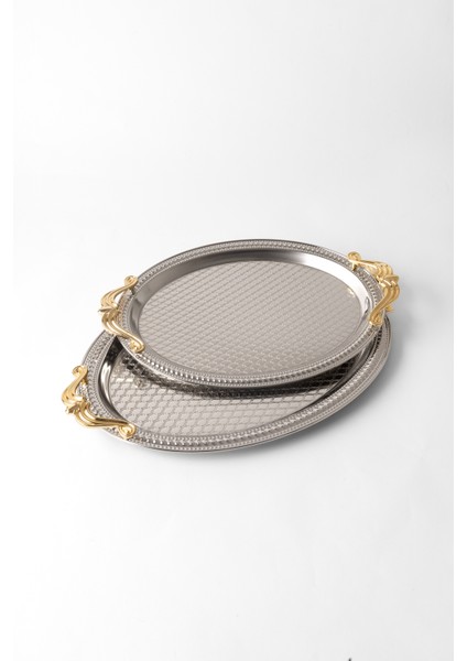 Metal Gold & Gümüş 2’li Oval Tepsi Seti – Zarif Desenli Servis ve Sunum Tepsisi, Kararmaz, Solmaz fiyatları