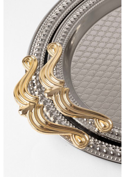 Metal Gold & Gümüş 2’li Oval Tepsi Seti – Zarif Desenli Servis ve Sunum Tepsisi, Kararmaz, Solmaz modelleri