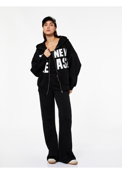 Kapüşonlu Uzun Kollu Baskılı Oversize Fermuarlı Hırka