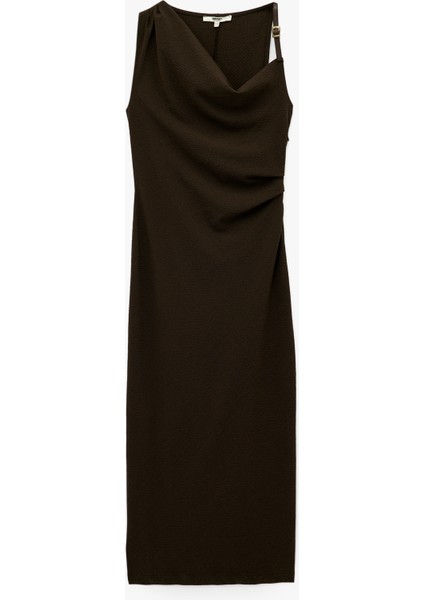 Drapeli Degaje Yaka Kemer Detaylı Viskon Karışımlı Kolsuz Uzun Elbise modelleri