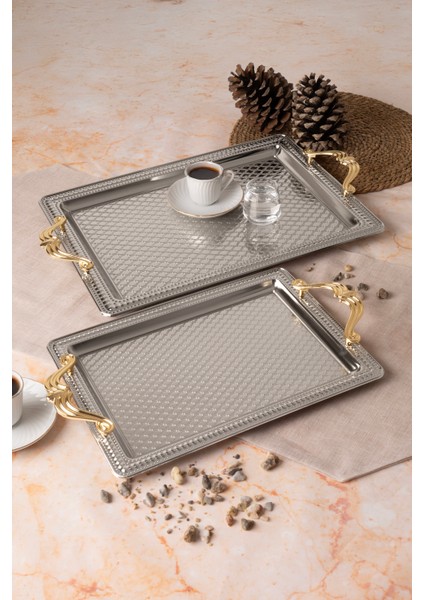 Metal Gümüş & Gold 2’li Tepsi Seti – Işlemeli Altın Kulplu Servis ve Sunum Tepsisi, Kararmaz,solmaz