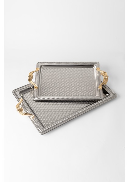 Metal Gümüş & Gold 2’li Tepsi Seti – Işlemeli Altın Kulplu Servis ve Sunum Tepsisi, Kararmaz,solmaz fiyatları