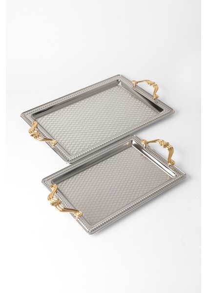 Metal Gümüş & Gold 2’li Tepsi Seti – Işlemeli Altın Kulplu Servis ve Sunum Tepsisi, Kararmaz,solmaz indirimleri