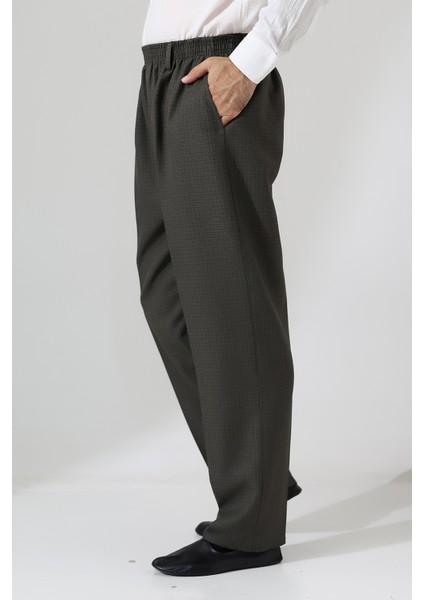 Erkek Graf Kareli Kumaş Şalvar Pantolon, Beli Lastikli Cepli - Toprak (Isr)