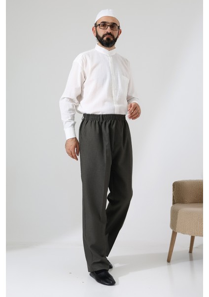 Erkek Graf Kareli Kumaş Şalvar Pantolon, Beli Lastikli Cepli - Toprak (Isr) fiyatları