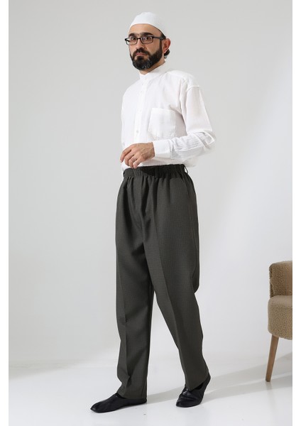 Erkek Graf Kareli Kumaş Şalvar Pantolon, Beli Lastikli Cepli - Toprak (Isr) modelleri