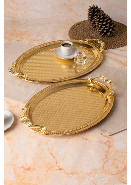 Metal Gold & Gümüş 2’li Oval Tepsi Seti – Zarif Desenli Servis ve Sunum Tepsisi, Kararmaz, Solmaz