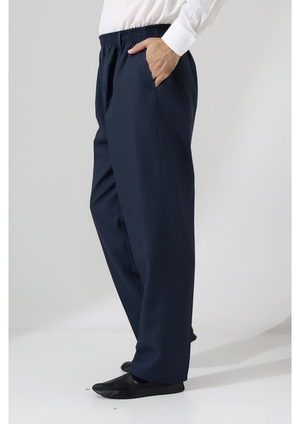 Erkek Graf Kareli Kumaş Şalvar Pantolon, Beli Lastikli Cepli - Mavi (Isr)