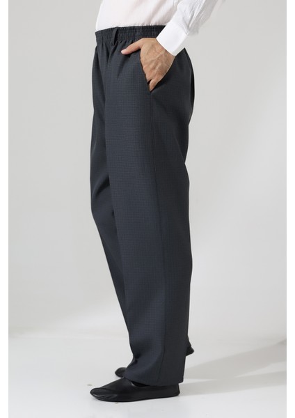Erkek Graf Kareli Kumaş Şalvar Pantolon, Beli Lastikli Cepli - Füme (Isr)