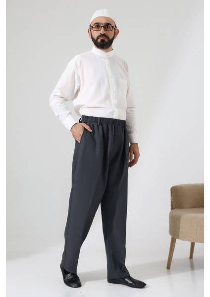 Erkek Graf Kareli Kumaş Şalvar Pantolon, Beli Lastikli Cepli - Füme (Isr) fiyatları