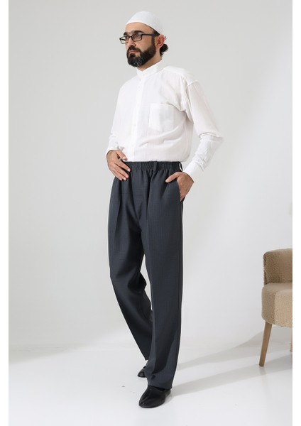 Erkek Graf Kareli Kumaş Şalvar Pantolon, Beli Lastikli Cepli - Füme (Isr) modelleri