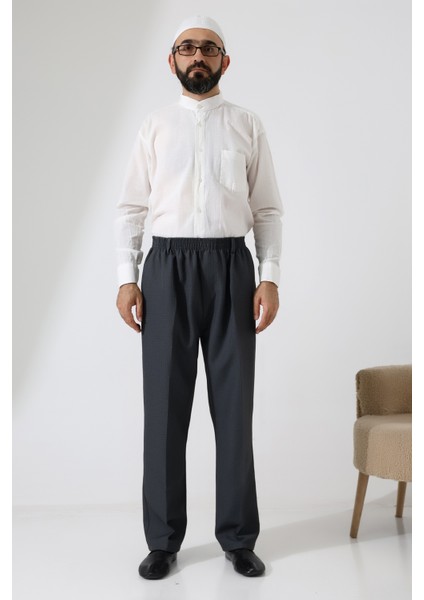 Erkek Graf Kareli Kumaş Şalvar Pantolon, Beli Lastikli Cepli - Füme (Isr) fırsatları