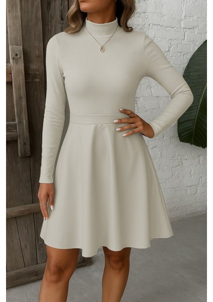 Kadın Uzun Kollu Balıkçı Yaka Üst Kaşkorse Alt Deri Detaylı Mini Elbise fiyatları