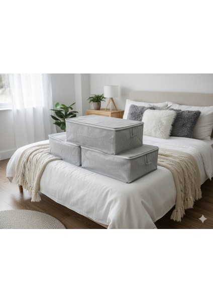 3'lü Gri Çizgili Büyük Baza Altı & Çekyat Tipi Tela Hurç 65X45X22 cm – Fermuarlı Saklama ve Düzenleme Hurcu