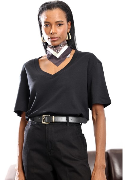 Siyah V Yaka Kısa Kollu Tişört 4021 fırsatları