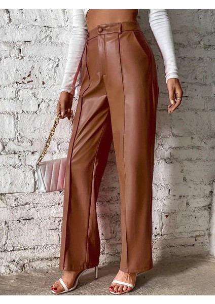 Kadın Önden Fermuarlı Cepli Geniş Kesim Lame Deri Pantolon fiyatları