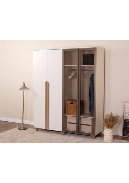 İtra 4 Kapaklı Gardırop – Krem Gövde, Krem MDFLAM, Camlı Kapak