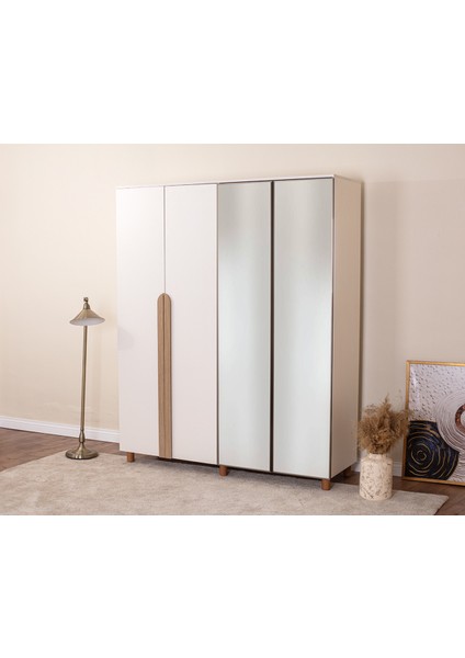 İtra 4 Kapaklı Gardırop – Krem Gövde, Krem MDFLAM Aynalı Kapak