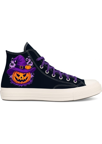 Mor Balkabağı Baskılı Siyah Keten Mor Bağcıklı Çocuk Spor Ayakkabı Sneaker