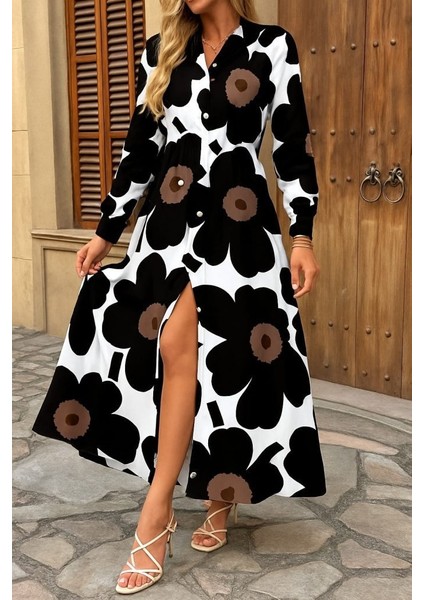 Kadın Yakalı Önden Düğmeli Çiçek Desenli Uzun Süprem Elbise fiyatları