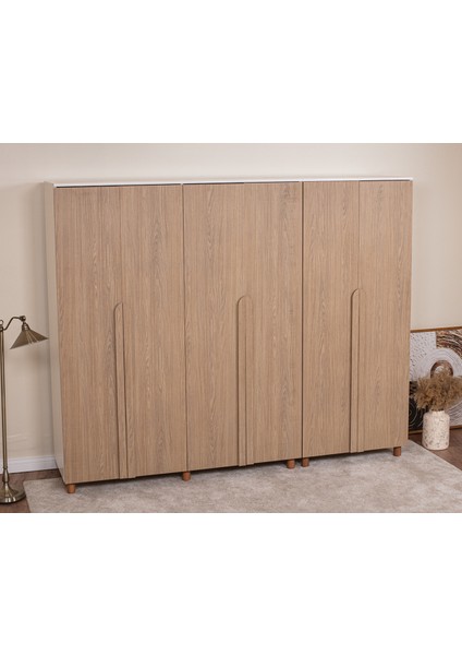 İtra 6 Kapaklı Gardırop – Krem Gövde, Meşe MDFLAM Kapak