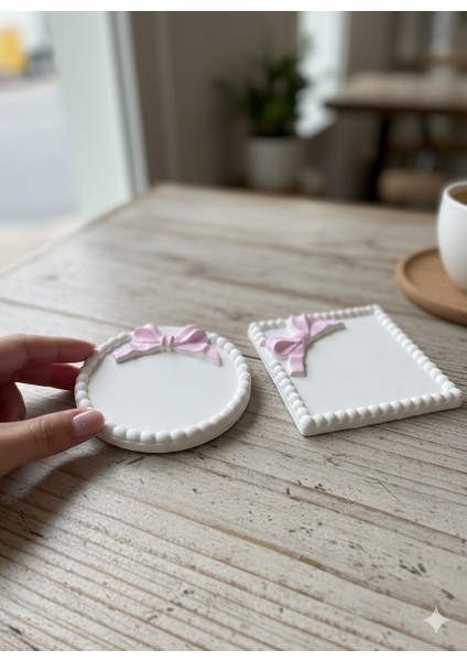 Pembe Fiyonklu Çok Amaçlı Takı Tepsisi Kurdele Tabak , Takı Tabağı , Bardak Altlığı , Mum Tabağı