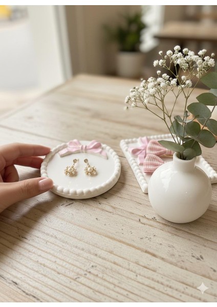 Pembe Fiyonklu Çok Amaçlı Takı Tepsisi Kurdele Tabak , Takı Tabağı , Bardak Altlığı , Mum Tabağı modelleri