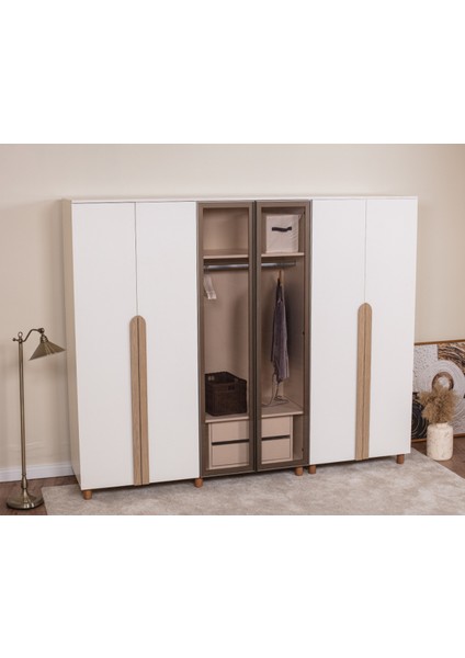 İtra 6 Kapaklı Gardırop – Krem Gövde, Krem MDFLAM Camlı Kapak