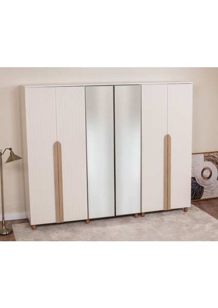 İtra 6 Kapaklı Gardırop – Krem Gövde, Krem Lake Aynalı Kapak