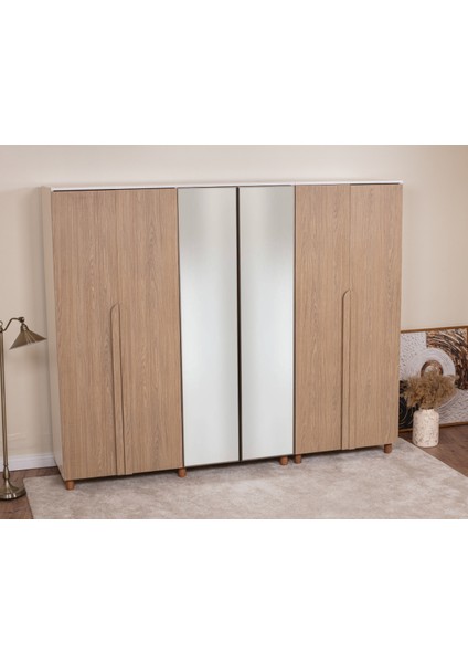 İtra 6 Kapaklı Gardırop – Krem Gövde, Meşe MDFLAM Aynalı Kapak